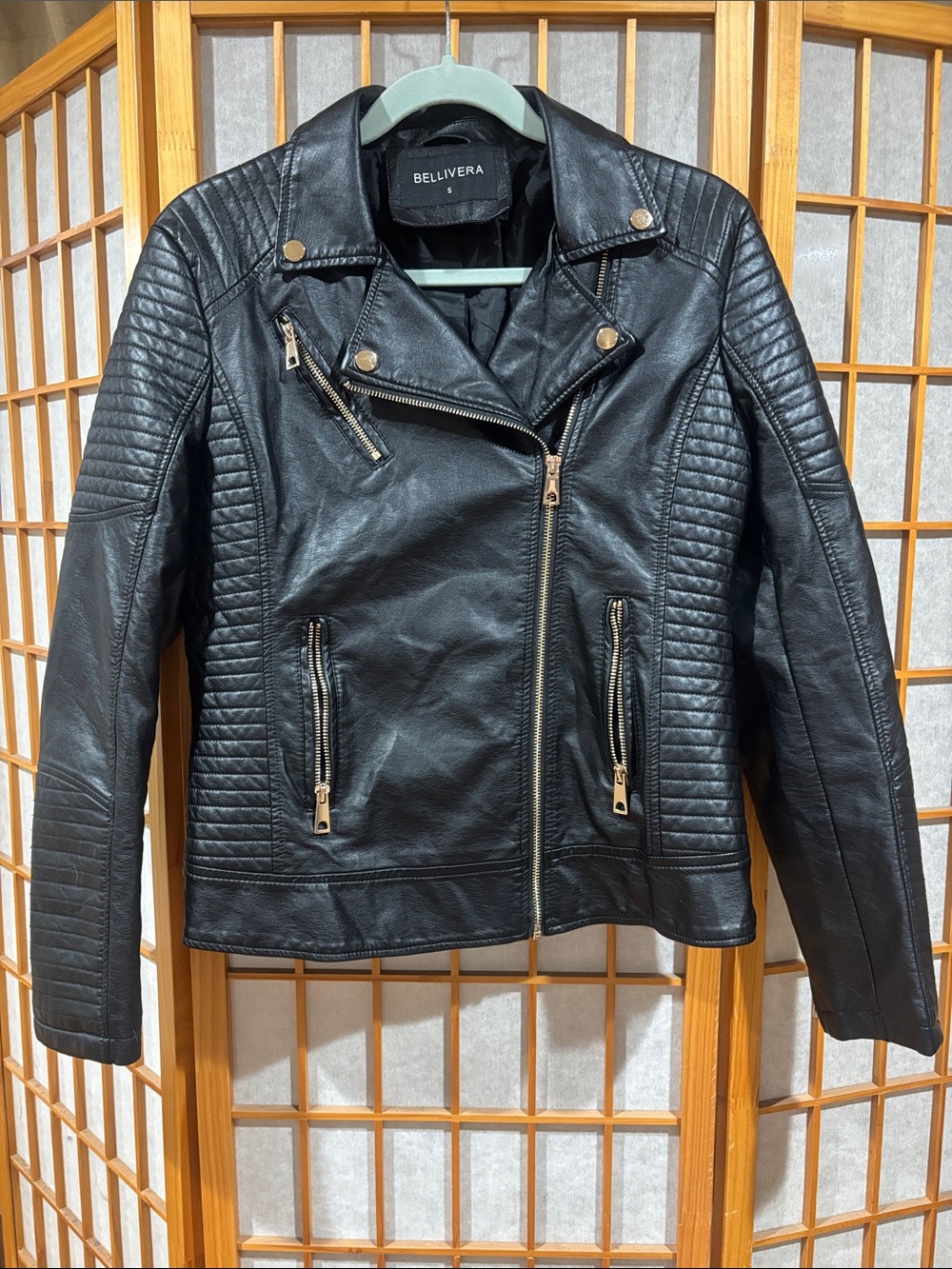 Bellivera Black Quilted Moto-Style Faux Leather Jacket